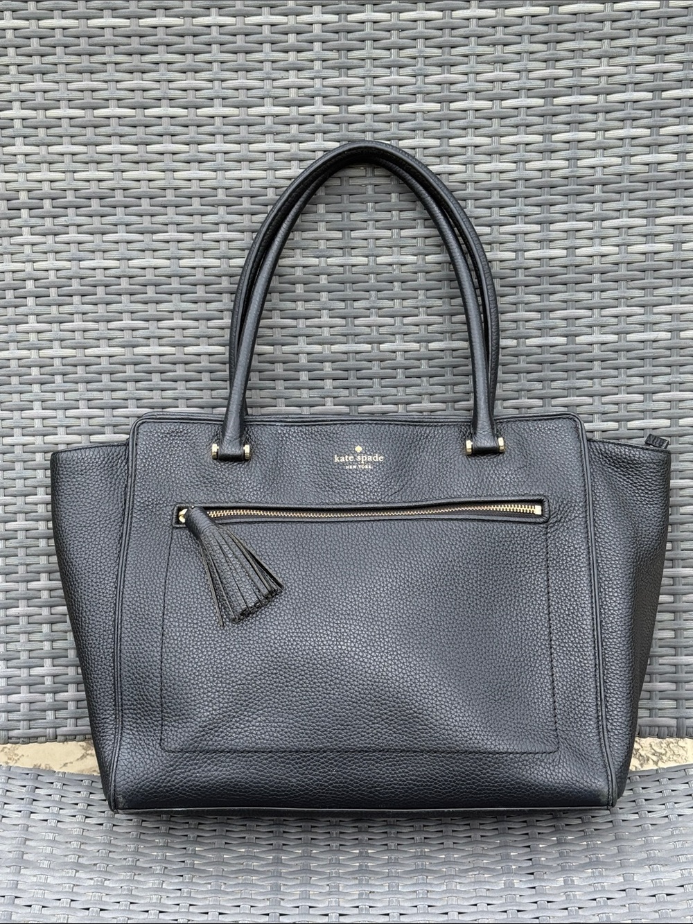 kate spade Black Pebbled Leather Tote with Tassel Zip